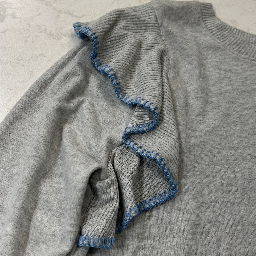Democracy Brushed Sweater Knit Ruffled Top Light Heather‎ Gray Blue Ruffle Trim - Picture 6 of 15